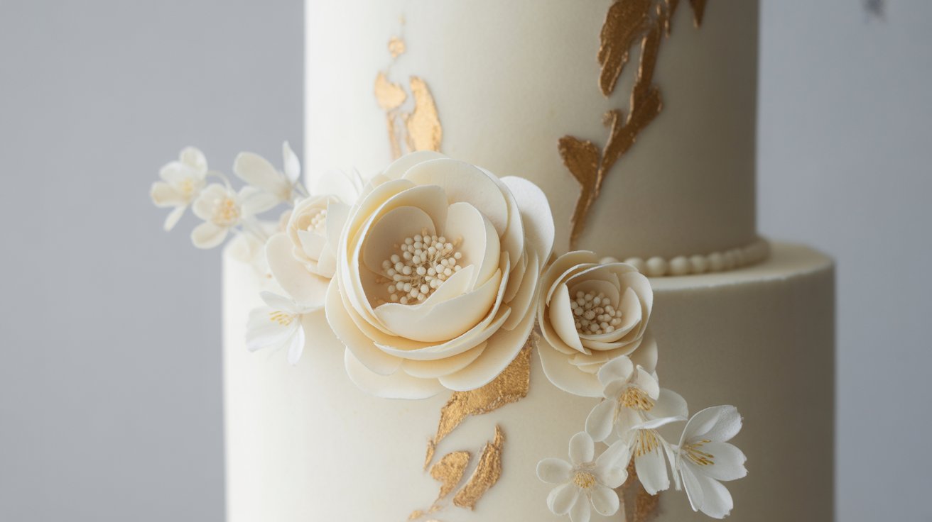 elegant ivory wedding cake – gold leaf & sugar flowers elegant ivory wedding cake – gold leaf & sugar flowers