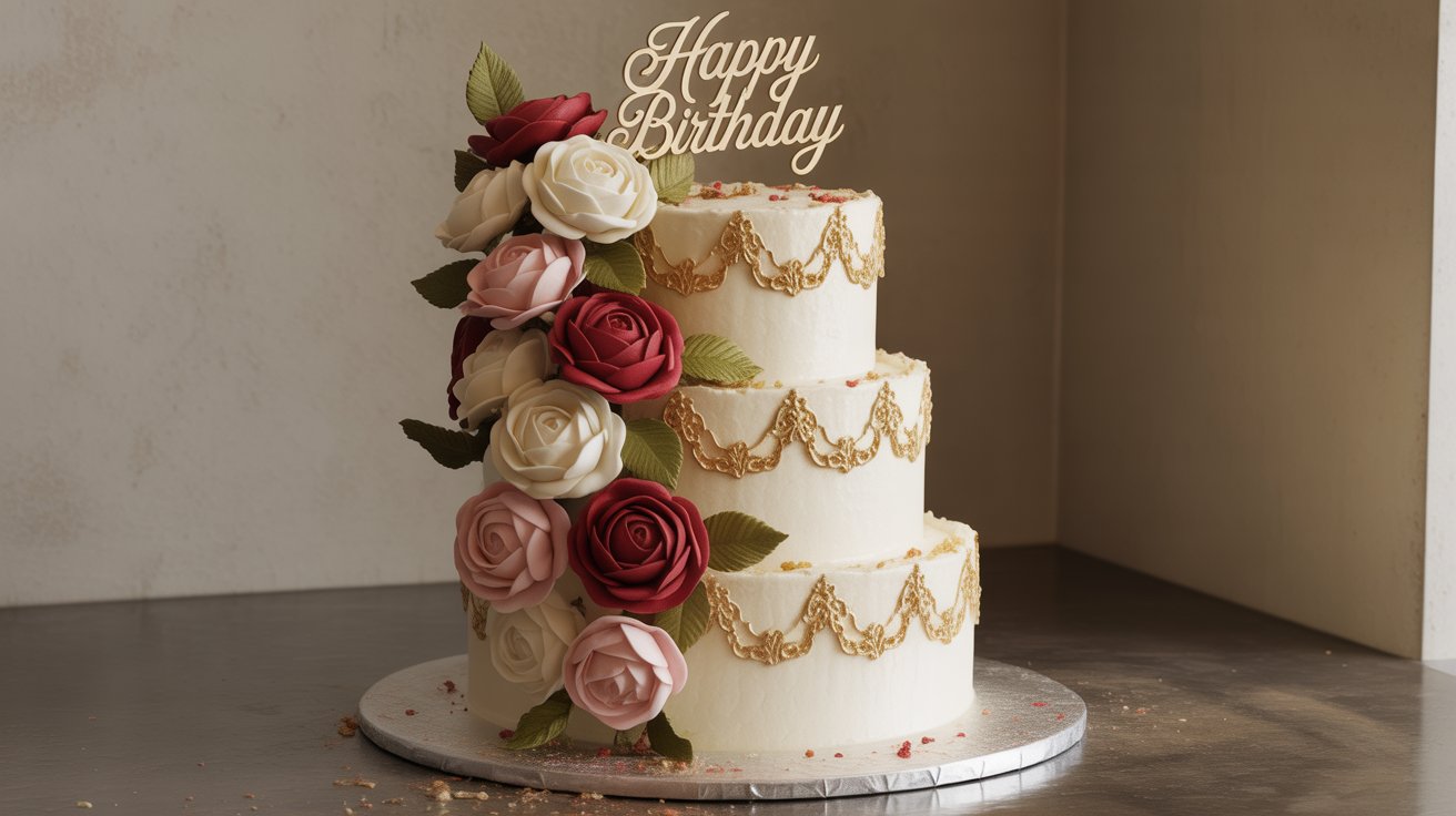 3 tier rose birthday cake β gold filigree & cascading flowers 3 tier rose birthday cake β gold filigree & cascading flowers