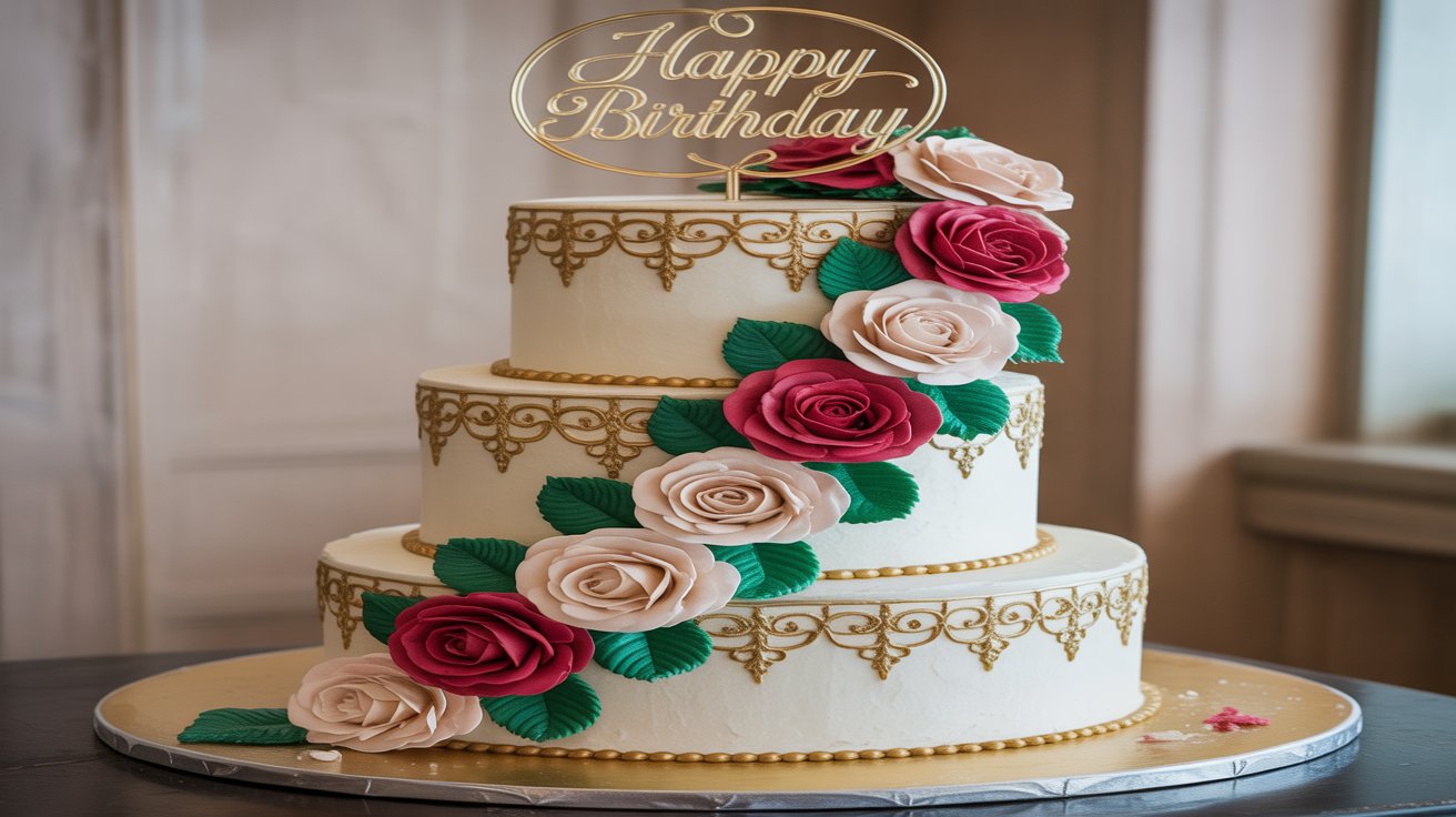 3 tier rose birthday cake β gold filigree & cascading flowers 3 tier rose birthday cake β gold filigree & cascading flowers
