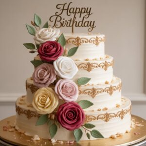 Home 3 tier rose birthday cake – gold filigree & cascading flowers