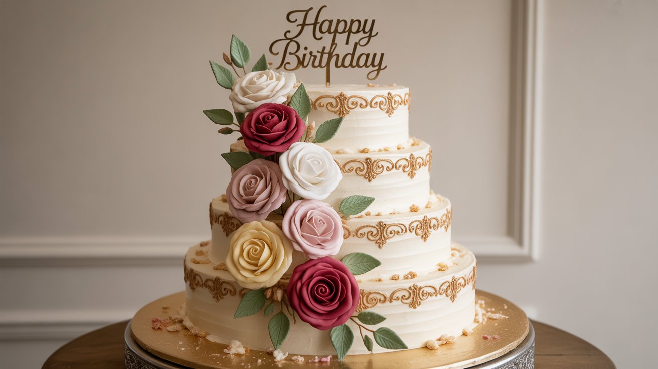 3 tier rose birthday cake β gold filigree & cascading flowers 3 tier rose birthday cake β gold filigree & cascading flowers