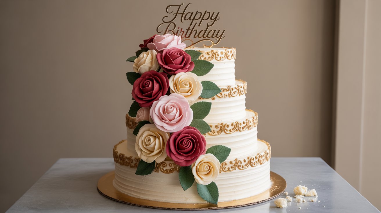 3 tier rose birthday cake β gold filigree & cascading flowers 3 tier rose birthday cake β gold filigree & cascading flowers