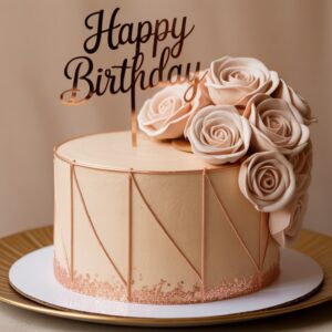 rose gold birthday cake – hand piped roses & gold accents