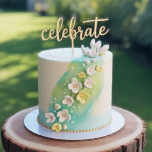 spring watercolor celebrate cake – floral & gold accents