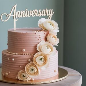 Home blush pink anniversary cake – ranunculus & pearls